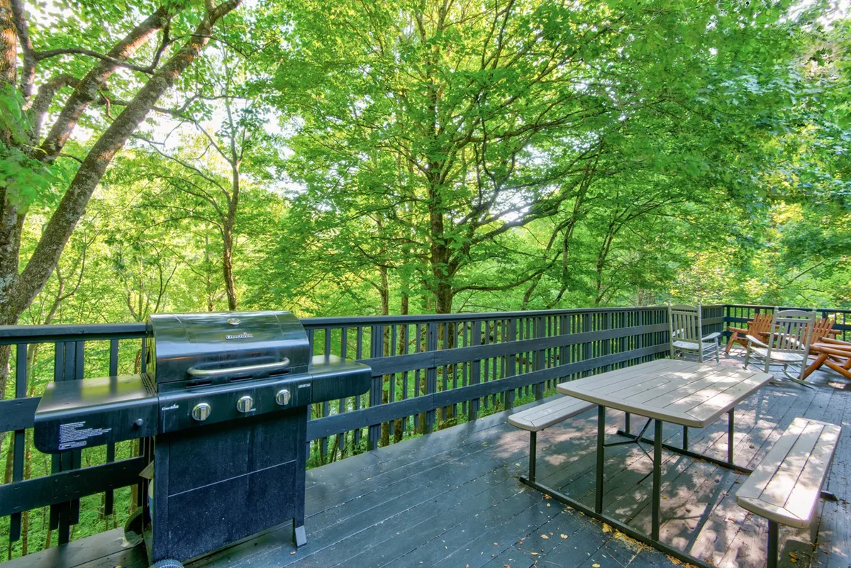 An exterior area with a grill and a dining table set among tall trees, creating an inviting spot for outdoor barbecues and meals. The setting encourages communal dining and relaxation, making it ideal for gatherings after a day of adventure.
